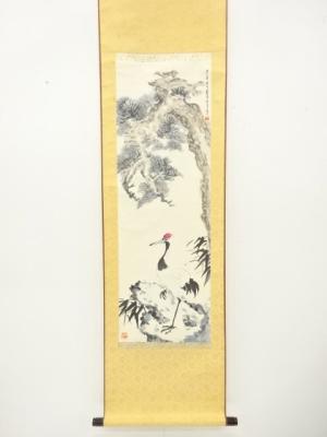 作家物　松上鶴図　肉筆紙本掛軸